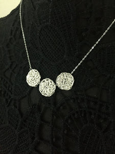 Wire Crochet Trio Necklace - Delicate Lacy Pendant Necklace with 3 Crochet Discs