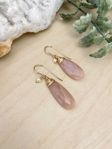 Peach Moonstone Earrings with a Tiny Freshwater Pearl Drop - 14k Gold Filled