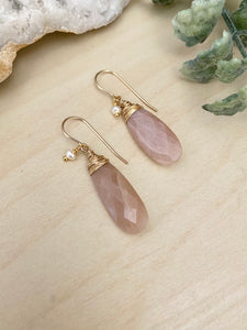 Peach Moonstone Earrings with a Tiny Freshwater Pearl Drop - 14k Gold Filled