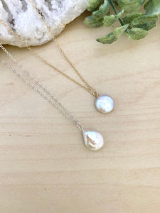 Small White Single Coin Pearl Necklace - Gold Fill or Sterling Silver