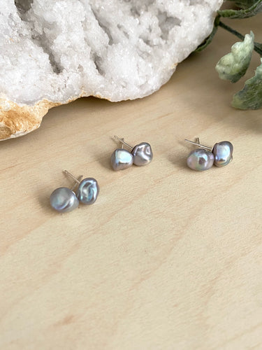 Grey Keshi Pearl Studs on Sterling Silver Posts - Raw Irregular Shape Pearl Studs