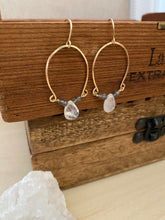 Load image into Gallery viewer, Alia Earrings with Labradorite and Rainbow Moonstone Inverted Hoop earrings - Gold fill