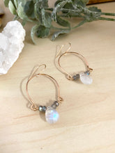 Load image into Gallery viewer, Alia Earrings with Labradorite and Rainbow Moonstone Inverted Hoop earrings - Gold fill