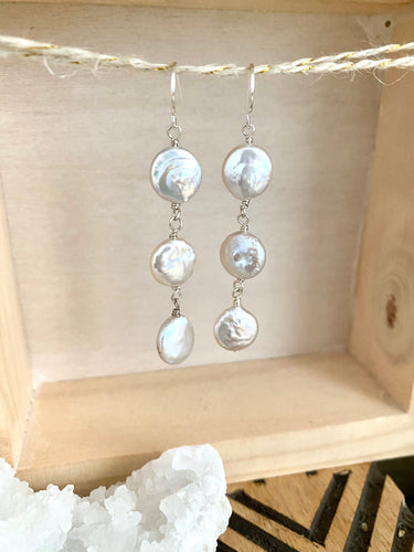 White Coin Pearl Trio Earrings - Sterling Silver