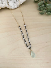 Load image into Gallery viewer, Moonstone and Chalcedony Necklace - Oxidised Silver Wire Wrap with Gold Fill chain Details