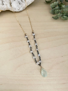 Moonstone and Chalcedony Necklace - Oxidised Silver Wire Wrap with Gold Fill chain Details