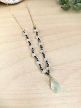 Load image into Gallery viewer, Moonstone and Chalcedony Necklace - Oxidised Silver Wire Wrap with Gold Fill chain Details