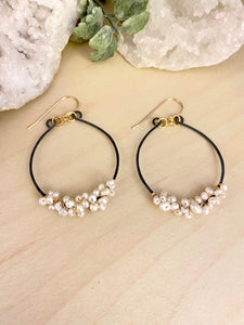 Pearl Cluster on Oxidised Black Hoops - Mixed Metal Earrings - Sterling Silver and Gold Filled