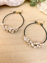 Load image into Gallery viewer, Pearl Cluster on Oxidised Black Hoops - Mixed Metal Earrings - Sterling Silver and Gold Filled