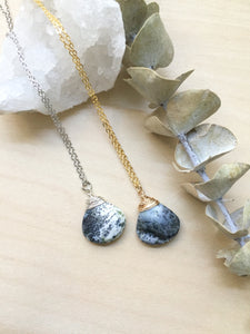 black and white dendritic opal pendant necklace wire wrapped in either gold fill or sterling silver wire