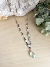 Load image into Gallery viewer, Moonstone and Chalcedony Necklace - Oxidised Silver Wire Wrap with Gold Fill chain Details