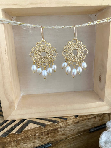 Gold Lace Earrings with White Pearl Drops - 14k gold filled ear wires