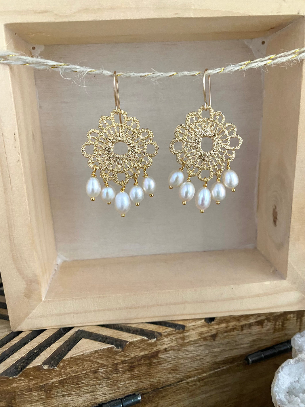 Gold Lace Earrings with White Pearl Drops - 14k gold filled ear wires