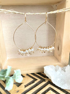 Pearl Confetti Drop Hoops - White Pearl Hoops Gold Filled - Boho Hoops