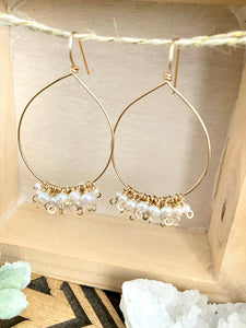 Pearl Confetti Drop Hoops - White Pearl Hoops Gold Filled - Boho Hoops