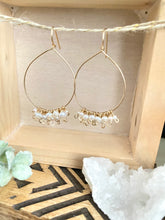 Load image into Gallery viewer, Pearl Confetti Drop Hoops - White Pearl Hoops Gold Filled - Boho Hoops