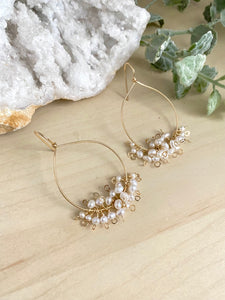 Pearl Confetti Drop Hoops - White Pearl Hoops Gold Filled - Boho Hoops