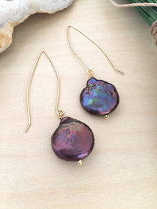 Large Purple Freshwater coin pearls on a long dangling golf fill ear wire