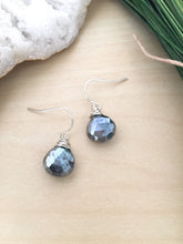 Load image into Gallery viewer, Metallic Black Labradorite gemstone drop earrings wire wrapped in sterling silver wire and suspended from sterling silver ear wires