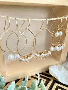 Pearl Confetti Drop Hoops - White Pearl Hoops Gold Filled - Boho Hoops