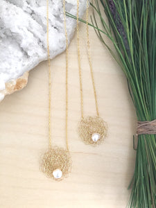 Wire Crochet Sarah Necklace -Delicate Lacy Woven Wire Pendant with Freshwater Pearls