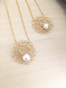 Wire Crochet Sarah Necklace -Delicate Lacy Woven Wire Pendant with Freshwater Pearls