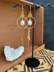 Brass and Freshwater Pearl Statement Earrings - Gold Filled Ear Wires