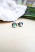 Load image into Gallery viewer, Natural abalone shell round stud earrings on hypoallergenic surgical steel posts