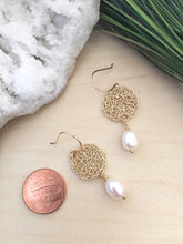 Load image into Gallery viewer, Handmade wire crochet earrings in gold with freshwater pearl drop and hypoallergenice 14k gold fill ear wires