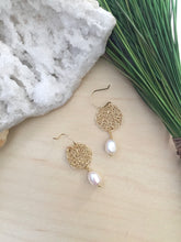 Load image into Gallery viewer, Wire Crochet Rhea Earrings with Freshwater Pearl Drop - Gold Wire Crochet earrings on 14k Gold Fill ear wires