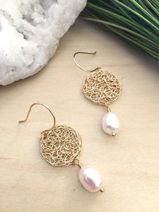 Gold Wire Crochet round earrings with a white freshwater pearl drop and suspended on handmade 14k gold fill ear wires 