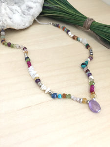 Colorful mixed gemstone necklace with amethyst focal drop 