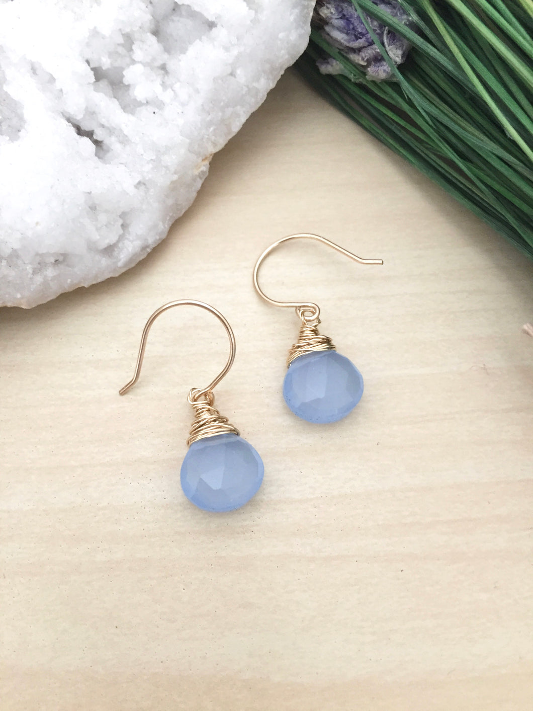 Blue Chalcedony earrings wire wrapped on hypoallergenic 14k gold fill ear wires