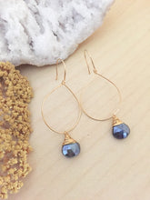 Load image into Gallery viewer, Gold fill hoop earrings with a wire wrapped black labradorite drop 