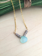 Load image into Gallery viewer, Aqua Chalcedony and grey labradorite v shaped pendant necklace