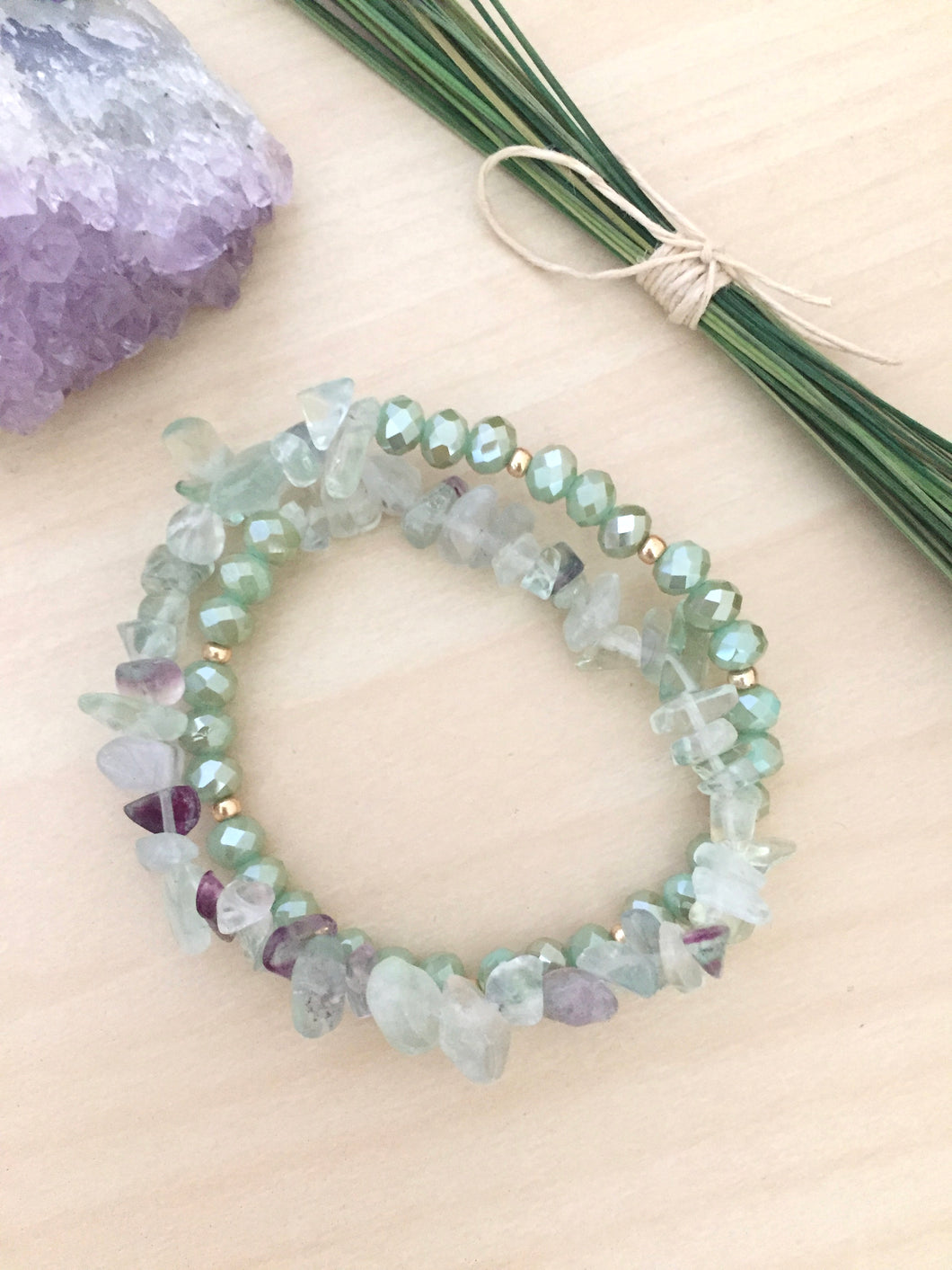 Fluorite Wrap Bracelet with Light Green and Gold beads