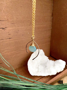 Unique wish bone shaped gemstone drop necklace with blue green gemstone