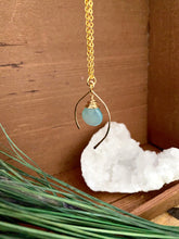 Load image into Gallery viewer, Sea Foam or Aqua blue gemstone drop wire wrapped and anclosed in an open wish bone shaped frame. Suspended from a 16 inch chain