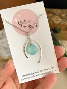 Wishbone Necklace with a Aqua Blue Chalcedony Gemstone drop