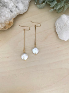 Stick and Circle -  White Coin Pearl Earrings on Gold Fill Sticks