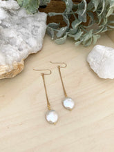 Load image into Gallery viewer, Stick and Circle -  White Coin Pearl Earrings on Gold Fill Sticks