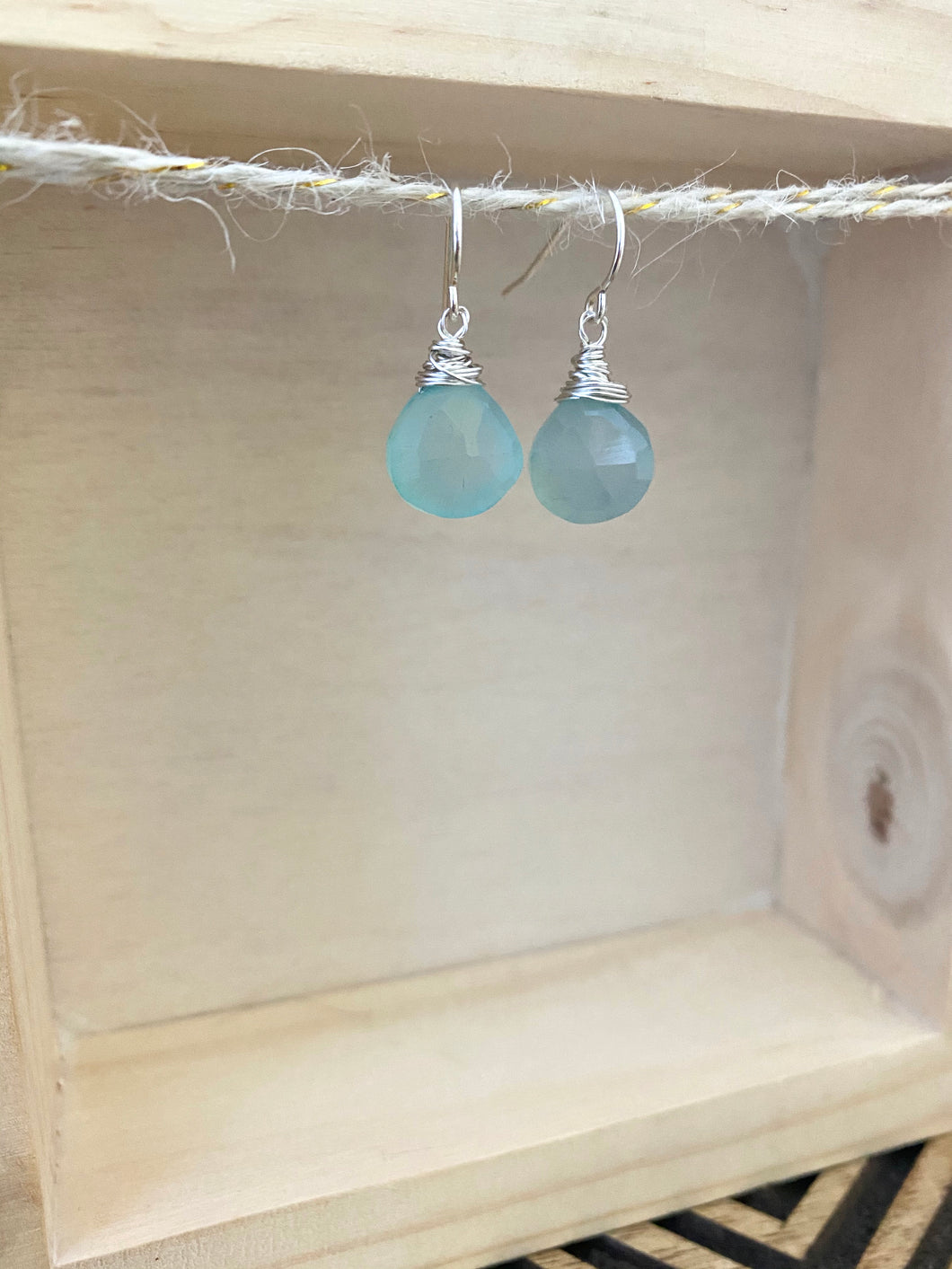 Aqua Blue Chalcedony Gemstone Drop Earrings - Sterling Silver