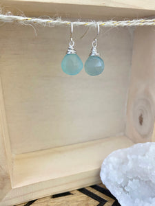 Aqua Blue Chalcedony Gemstone Drop Earrings - Sterling Silver