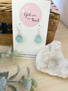 Aqua Blue Chalcedony Gemstone Drop Earrings - Sterling Silver