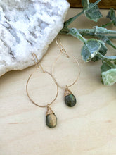 Load image into Gallery viewer, Hoop Earrings with Labradorite Drop - Gold fill or Sterling Silver