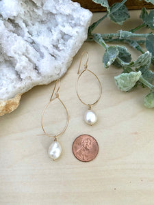 Hoop Earrings with White Freshwater pearl Drop - Gold fill or Sterling Silver