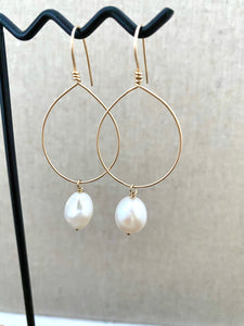 Hoop Earrings with White Freshwater pearl Drop - Gold fill or Sterling Silver