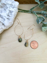 Load image into Gallery viewer, Hoop Earrings with Labradorite Drop - Gold fill or Sterling Silver