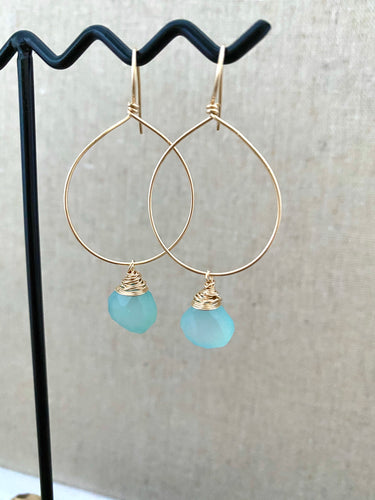 Gemstone Hoop Earrings with Aqua Blue Chalcedony Drop - Gold fill or Sterling Silver