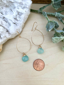 Gemstone Hoop Earrings with Aqua Blue Chalcedony Drop - Gold fill or Sterling Silver